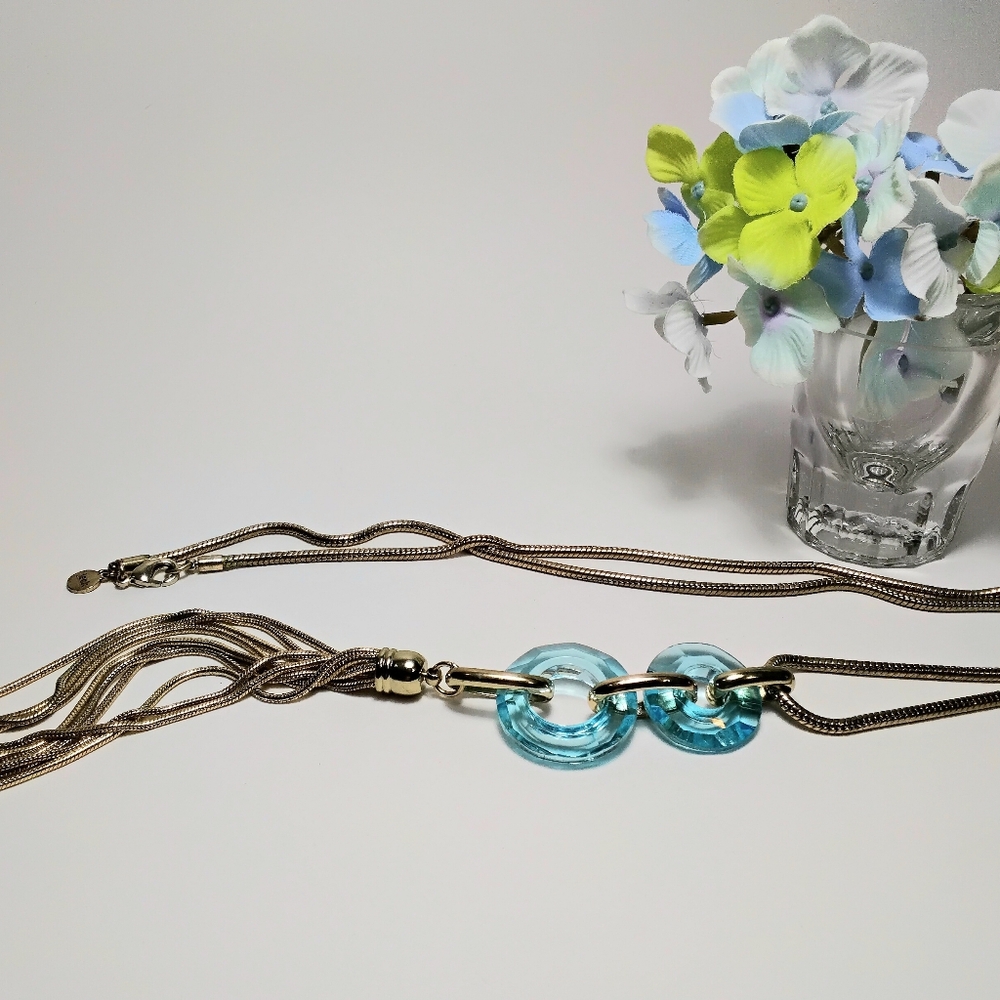 Bella Jack Long Gold Tone Tassel Necklace Blue